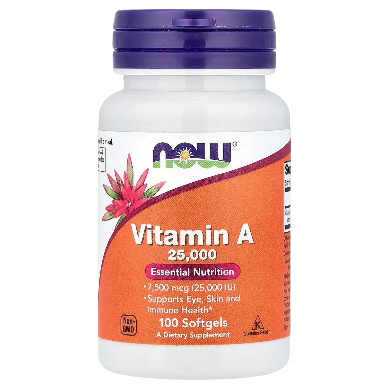NOW Foods, Vitamine A, 7500 µg (25 000 UI), 100 capsules à enveloppe molle - MagniMarket