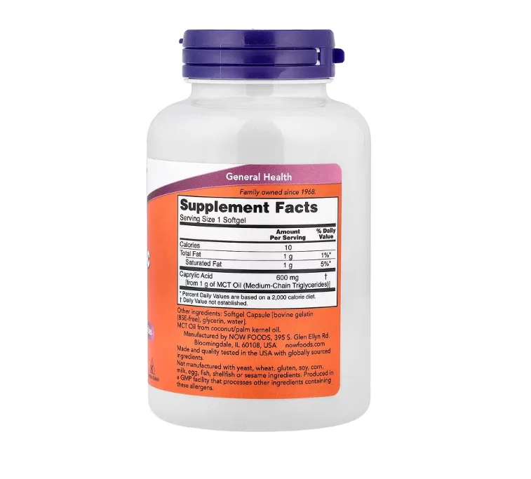 Now Foods, Acide caprylique, 600 mg, 100 capsules à enveloppe molle - MagniMarket