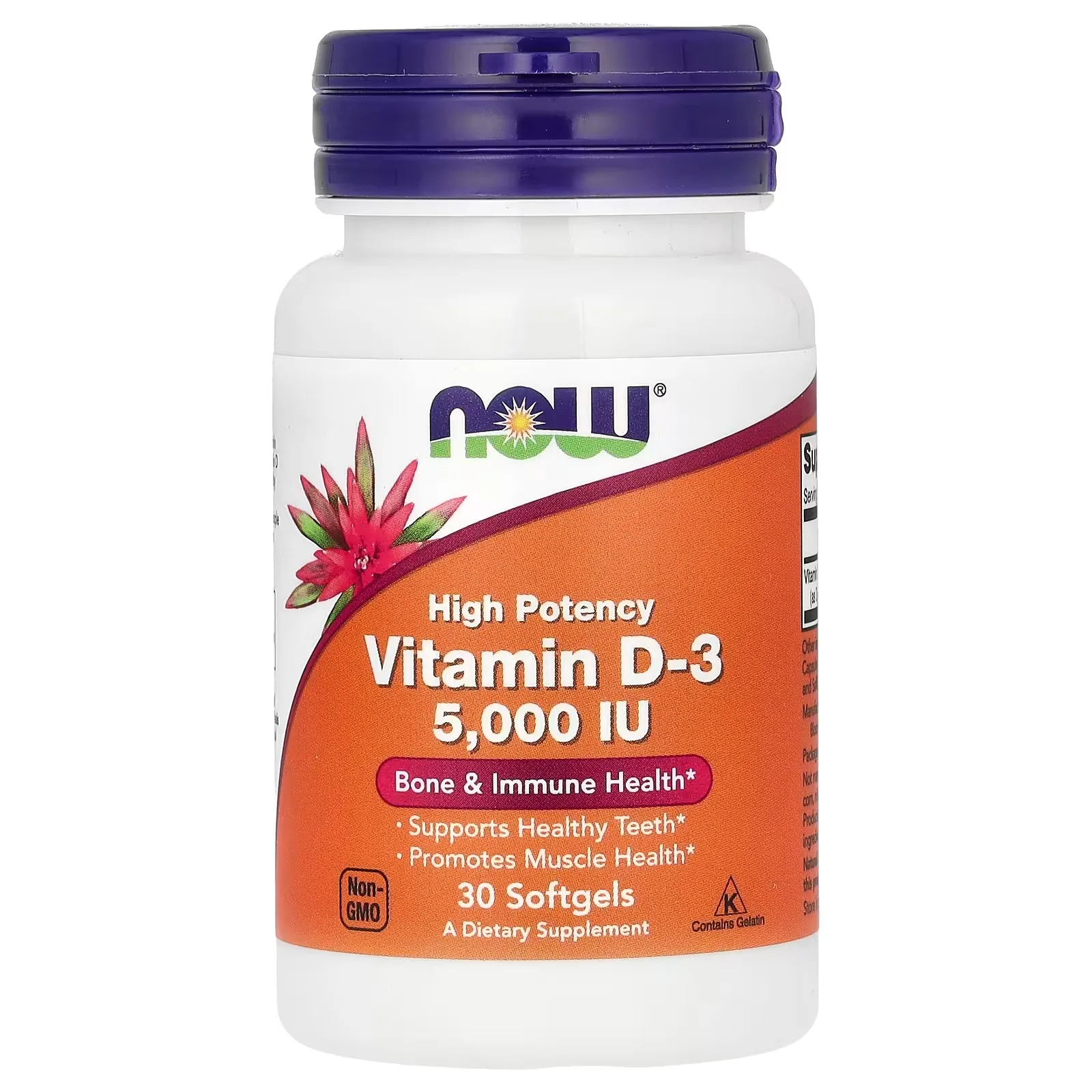 Now Foods, Vitamine D3, Haute efficacité, 5000 UI, 30 capsules à enveloppe molle - MagniMarket