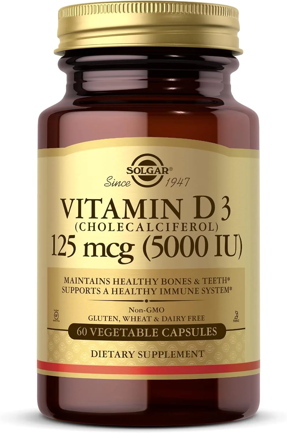 Solgar Vitamin D3 (Cholecalciferol) 125 mcg (5,000 IU)  60 Vegetable Capsules - MagniMarket