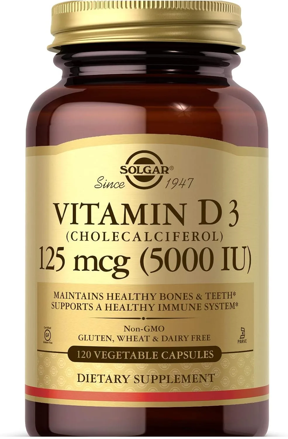 Solgar Vitamin D3 (Cholecalciferol) 125 mcg (5,000 IU)  120 Vegetable Capsules - MagniMarket